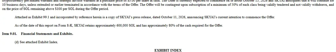 SkyAI 8-K paragraph saying it retained about 600,000 SOL and 80 percent of the cash required