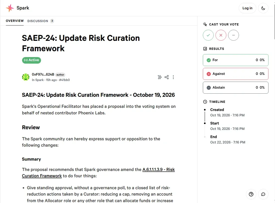 Snapshot page for Spark proposal SAEP-24 Update Risk Curation Framework showing an active vote with zero ballots cast