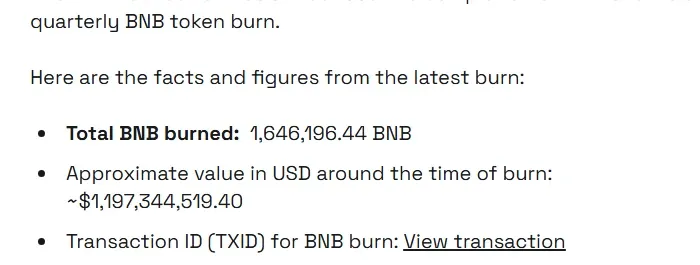 BNB Chain blog listing 1,646,196.44 BNB burned in the 37th quarterly burn