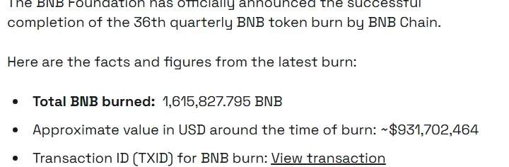 BNB Chain blog listing 1,615,827.795 BNB burned in the 36th quarterly burn