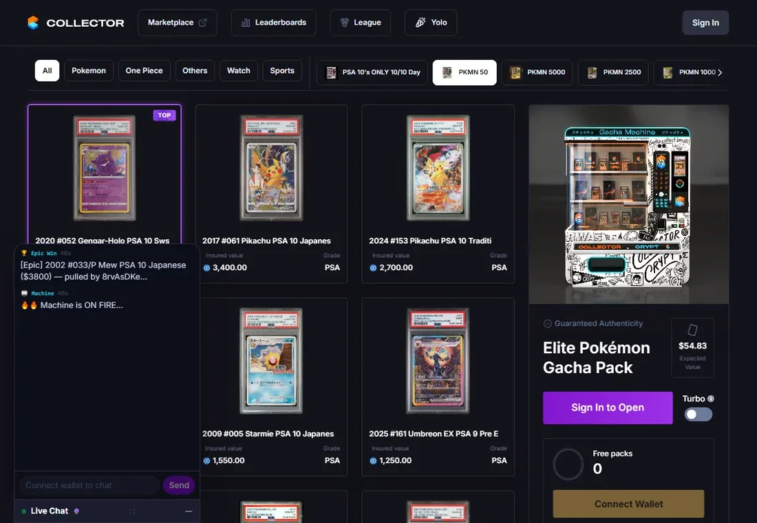 Collector Crypt gacha page showing graded Pokemon card slabs and an Elite Pokemon Gacha Pack with an expected value of 54.83 dollars