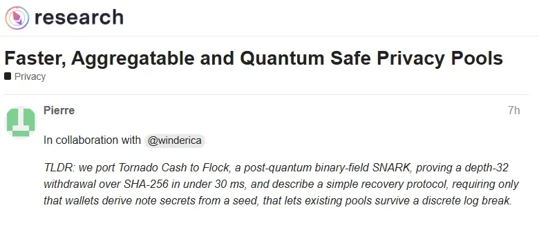 Ethereum Research post summary describing a Tornado Cash port to the Flock post-quantum SNARK