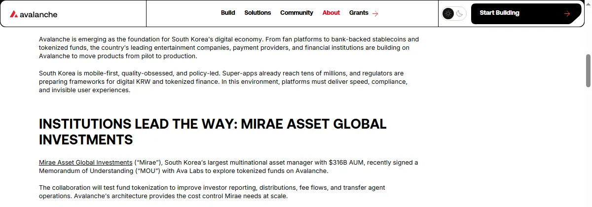 Avalanche official blog confirming Mirae Asset Global Investments MOU for tokenized funds