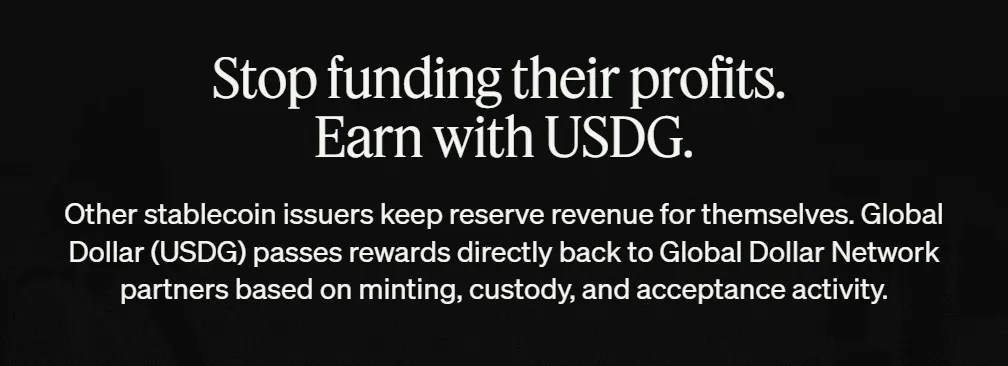 Global Dollar Network page text saying USDG passes rewards back to network partners based on minting, custody and acceptance activity