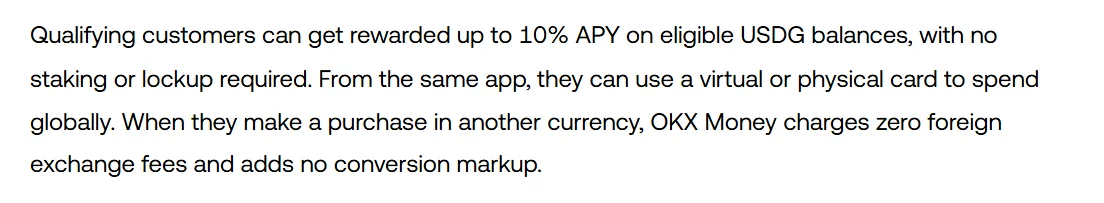 OKX launch post paragraph saying qualifying customers can earn up to 10% APY on eligible USDG balances with no staking or lockup