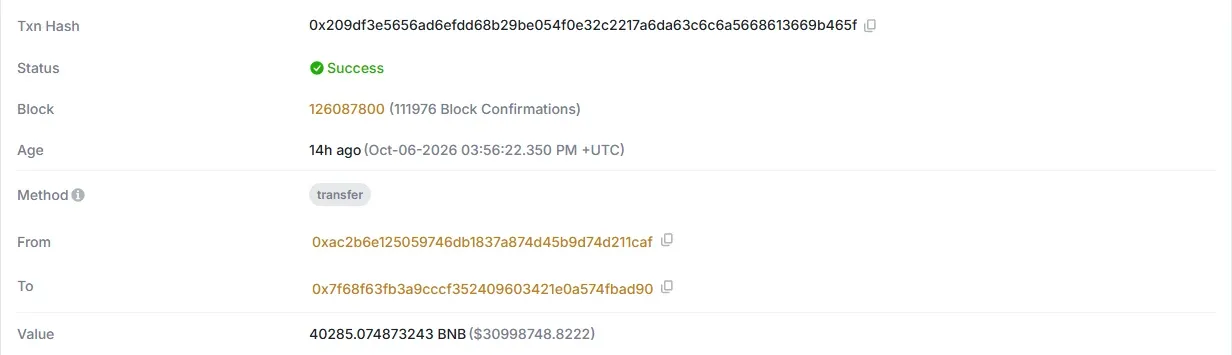 BSCTrace transaction details showing 40285.07 BNB sent from 0xac2b6e to 0x7f68f6