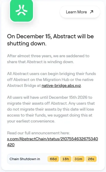 Abstract migration page announcing the December 15 shutdown and bridge options