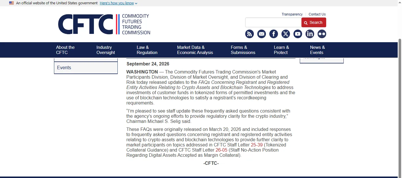 CFTC.gov press release announcing the September 24 2026 FAQ update on tokenized assets and blockchain recordkeeping