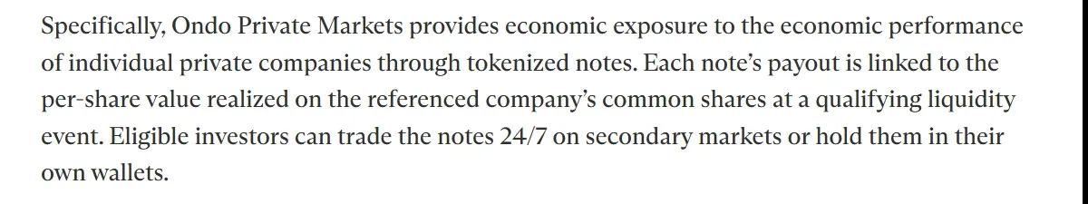 Paragraph from Ondo's launch post defining Ondo Private Markets tokenized notes