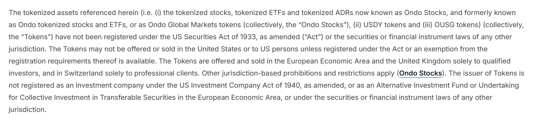 Ondo documentation Disclaimers page listing Ondo Stocks, USDY and OUSG as covered tokens