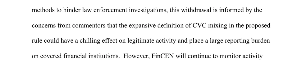 FinCEN withdrawal notice text citing a chilling effect on legitimate activity