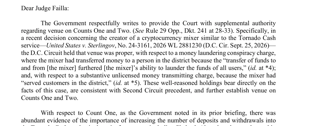Opening paragraph of the government's October 5, 2026 letter in US v. Storm