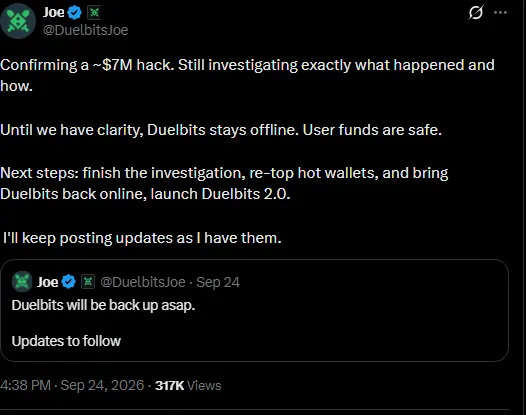 Duelbits co-founder Joe post on X confirming the roughly 7 million dollar hot wallet hack on September 24 2026