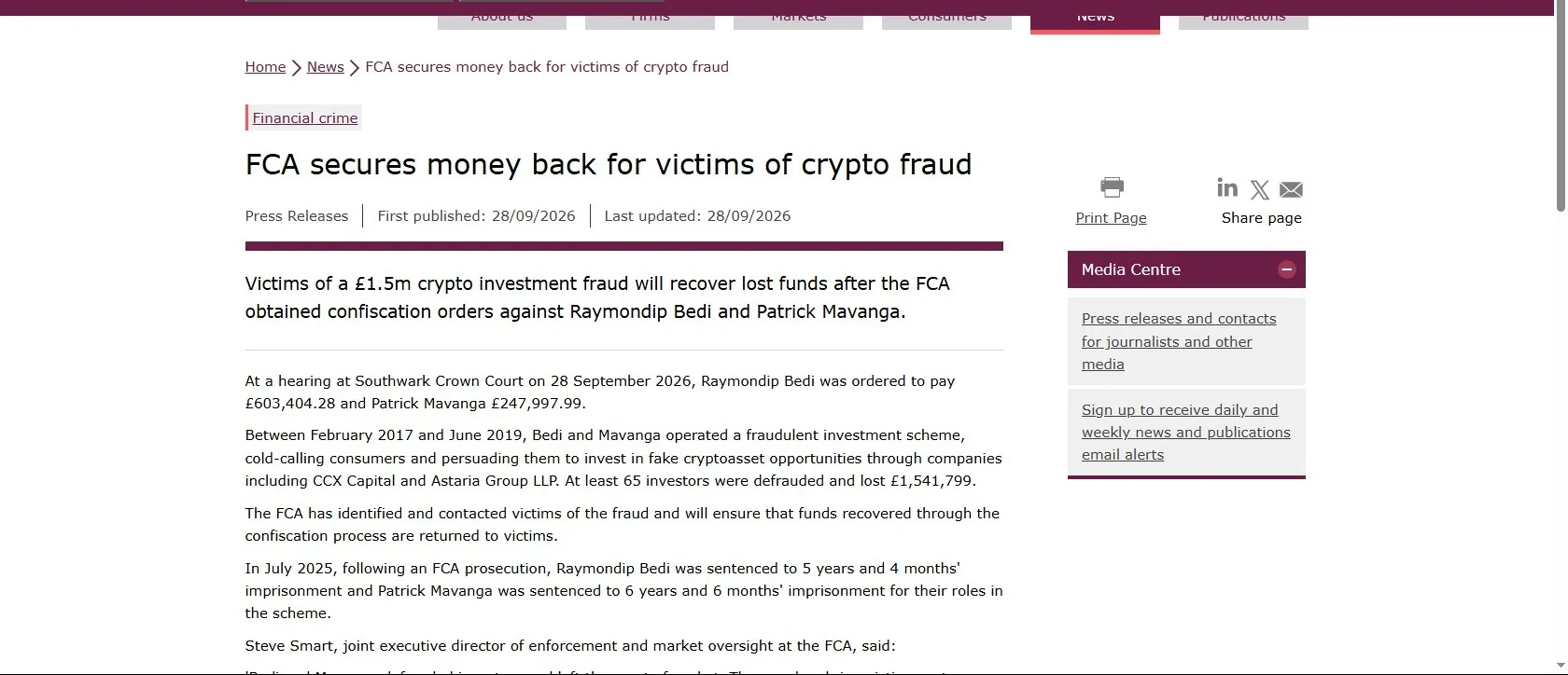 FCA press release page confirming the September 28, 2026 confiscation orders against Raymondip Bedi and Patrick Mavanga
