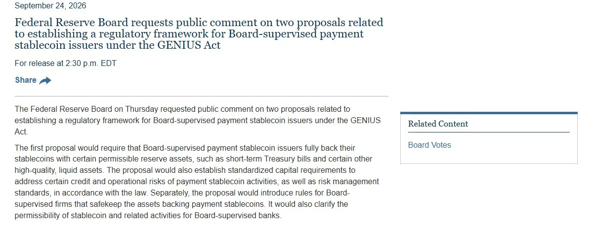 Federal Reserve Board press release of September 24, 2026 requesting comment on two stablecoin issuer proposals