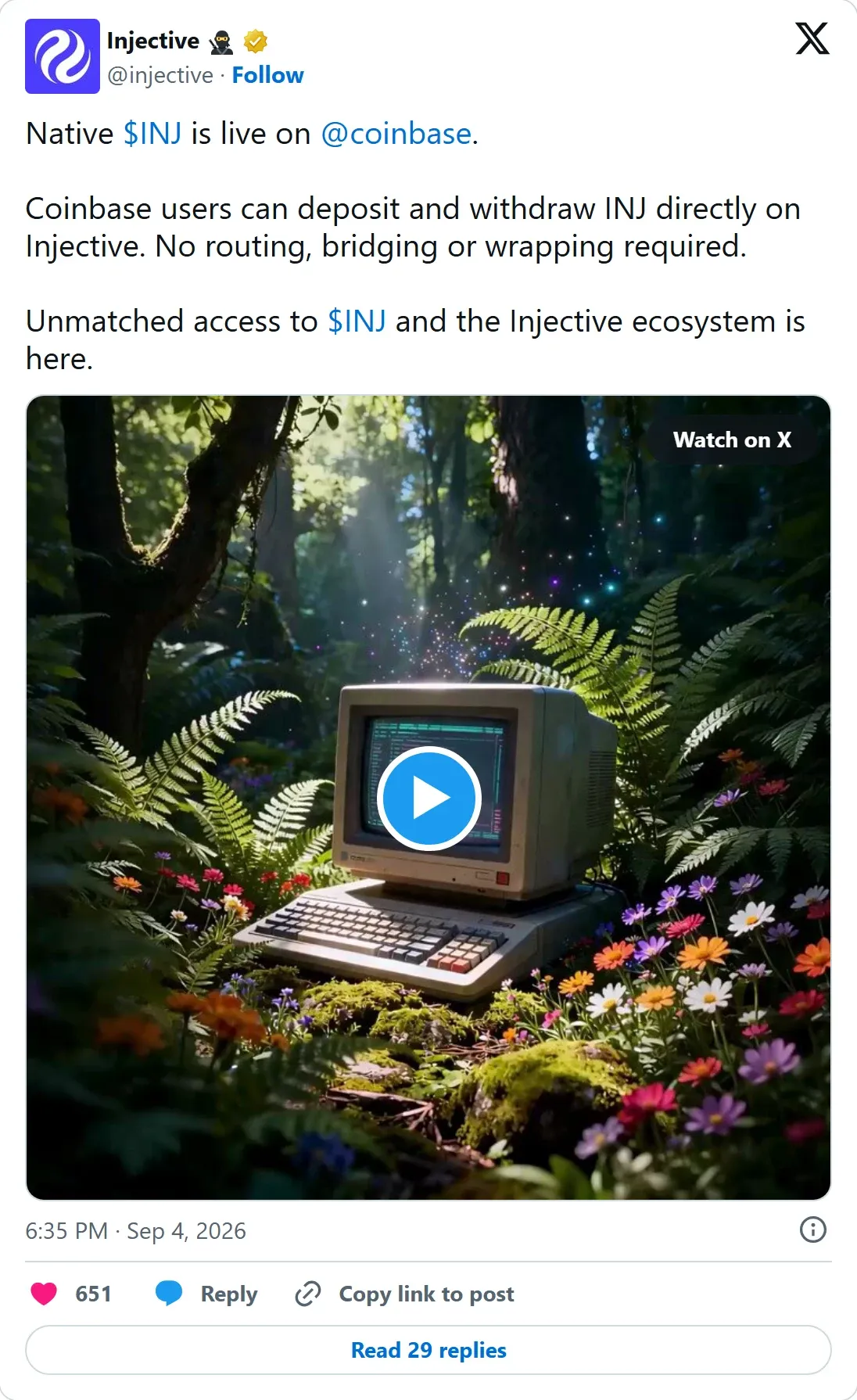Injective official X post confirming native INJ support is live on Coinbase