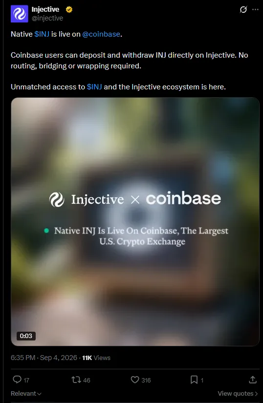 Injective official X post confirming native INJ support is live on Coinbase