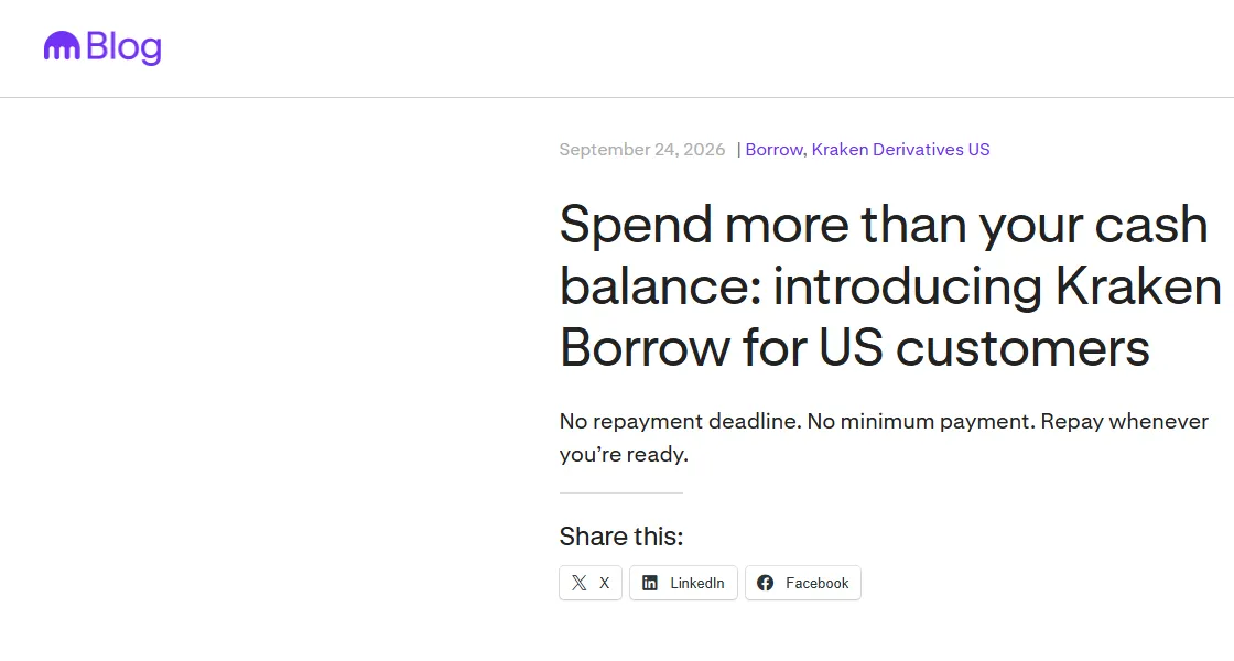 Kraken blog post announcing Kraken Borrow for US customers, published September 24 2026