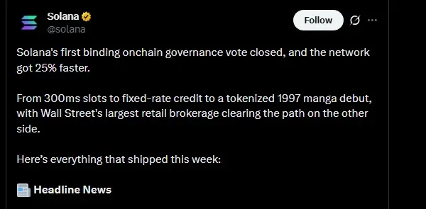 Solana account post on X describing the binding governance vote and faster network slots