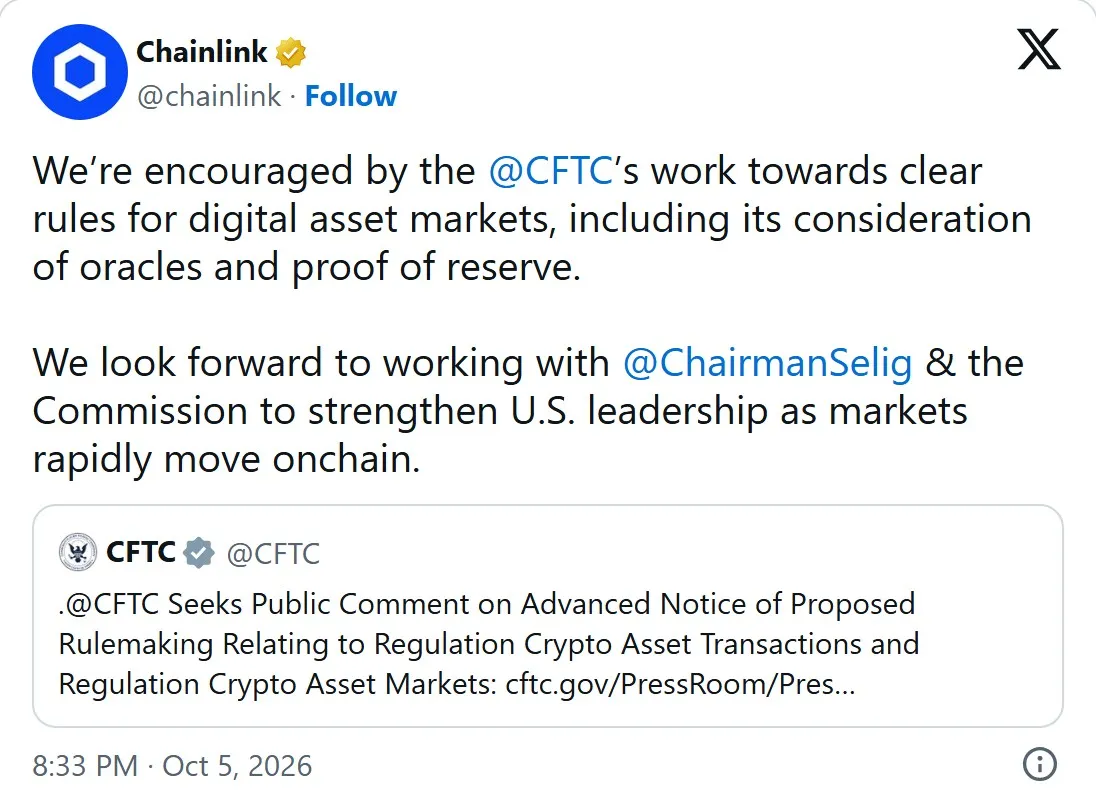 Chainlink post on X welcoming the CFTC work on digital asset market rules, October 5, 2026