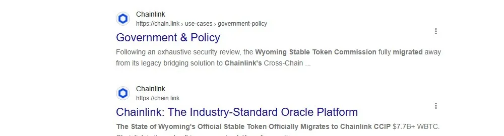Google search result showing Chainlink's own government and policy page confirming the Wyoming Stable Token Commission migration