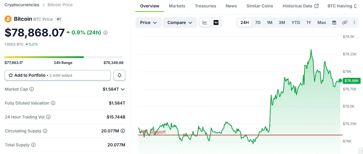 CoinGecko chart showing BTC price near the 78000 dollar level on August 30, 2026