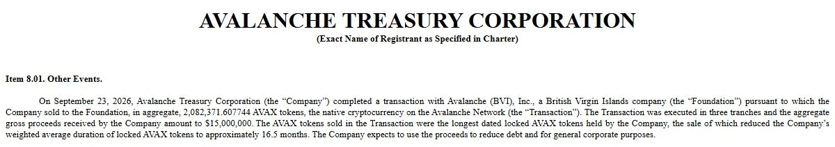 SEC.gov Form 8-K Item 8.01 from Avalanche Treasury Corporation reporting the sale of 2,082,371.607744 locked AVAX for $15,000,000