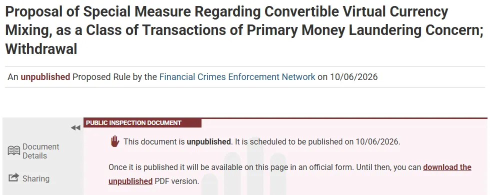 Screenshot of the Federal Register public inspection page for the FinCEN crypto mixing proposal withdrawal, scheduled for October 6, 2026