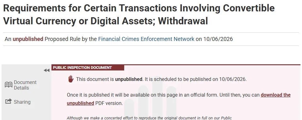 Screenshot of the Federal Register public inspection page for the FinCEN unhosted wallet rule withdrawal, scheduled for October 6, 2026