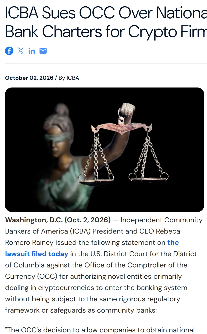 Screenshot of the ICBA press release titled ICBA Sues OCC Over National Trust Bank Charters for Crypto Firms, October 2, 2026
