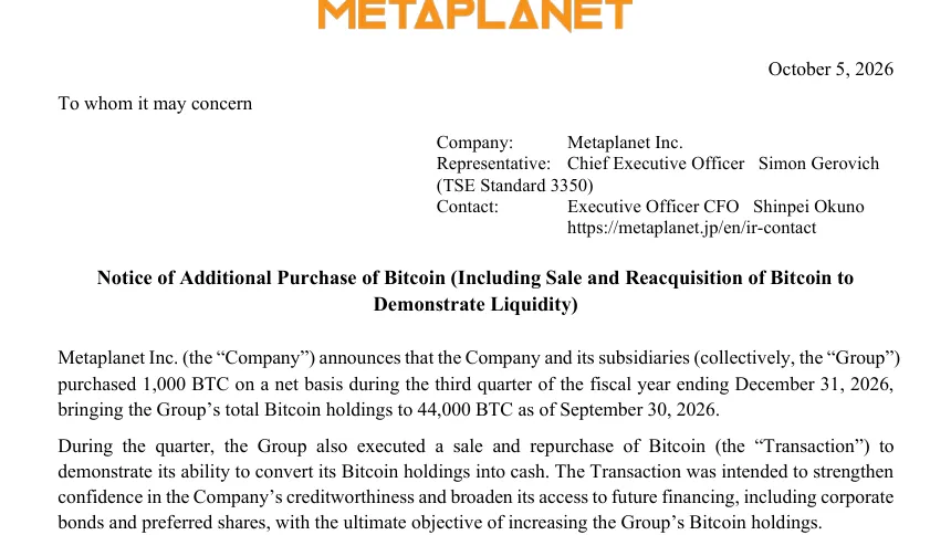 Screenshot of Metaplanet's October 5, 2026 notice of additional purchase of Bitcoin including sale and reacquisition to demonstrate liquidity