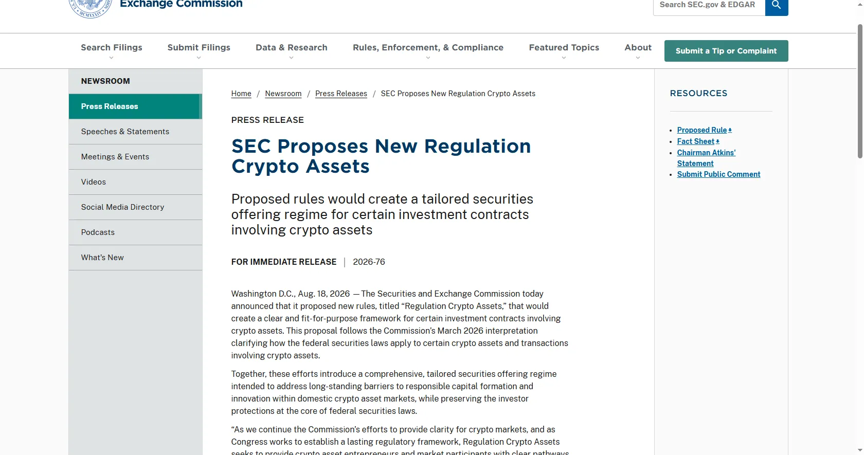 SEC.gov press release page for Regulation Crypto Assets