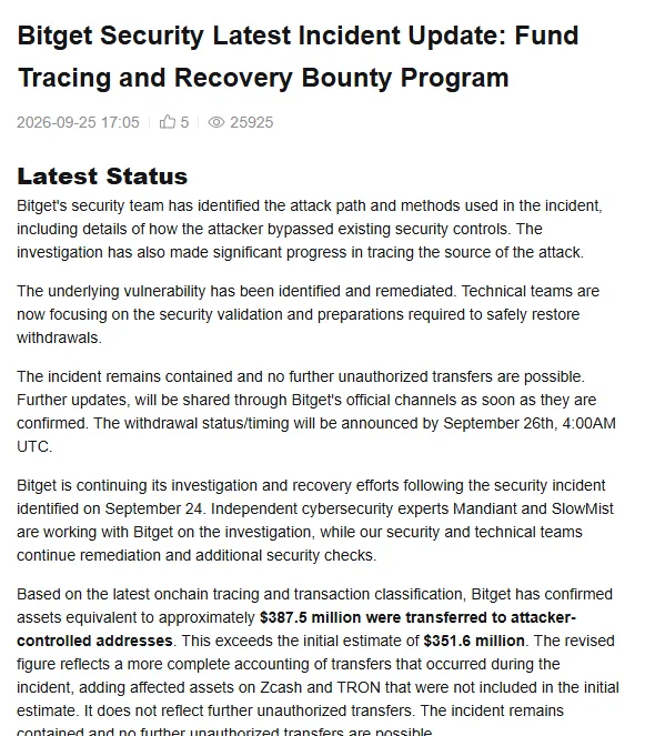 Bitget incident update of September 25, 2026 confirming about $387.5 million transferred to attacker-controlled addresses