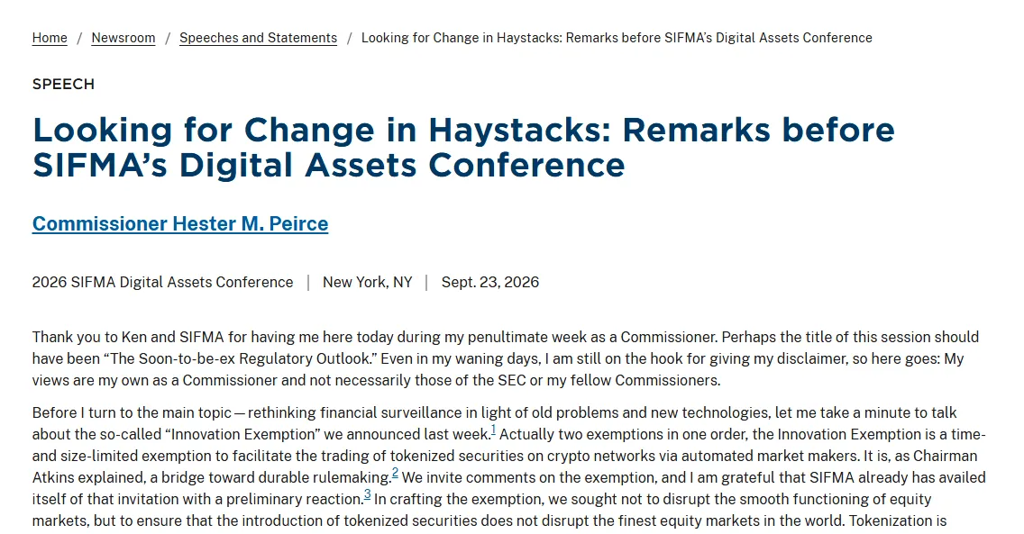SEC.gov page for Commissioner Peirce's September 23, 2026 remarks at the SIFMA Digital Assets Conference