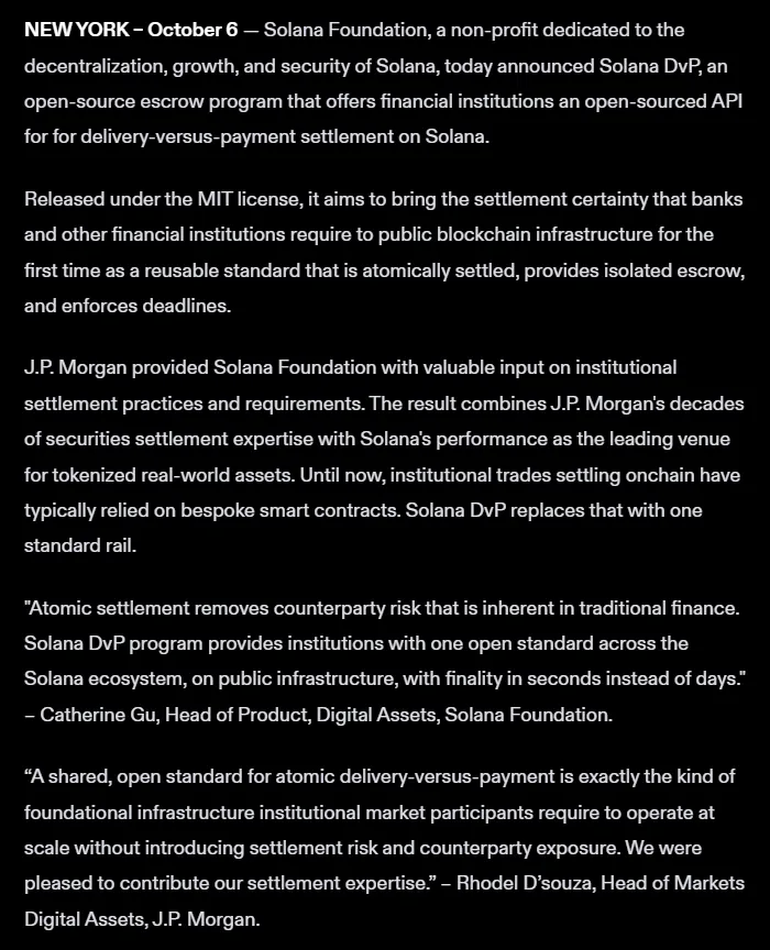 Solana Foundation's October 6, 2026 announcement of Solana DvP, including the J.P. Morgan input paragraph and executive quotes