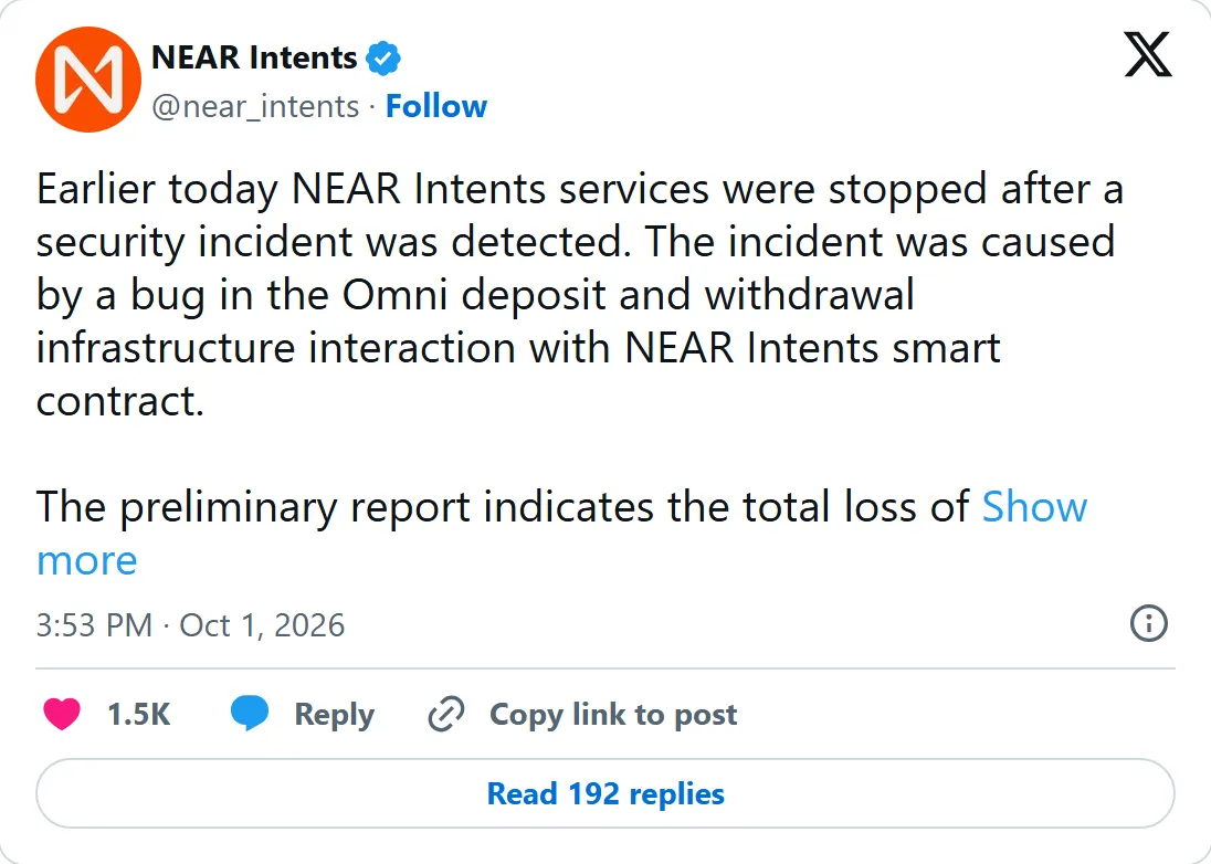 NEAR Intents post on X announcing the security incident, October 1, 2026