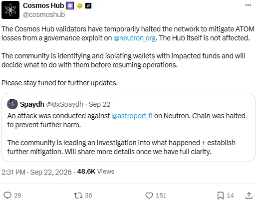Cosmos Hub post announcing the network halt after the Neutron governance exploit