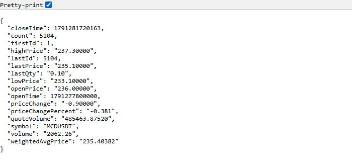 Binance 24-hour ticker data for the MCDUSDT perpetual showing a 09:10 UTC open time and about 485,000 dollars of volume