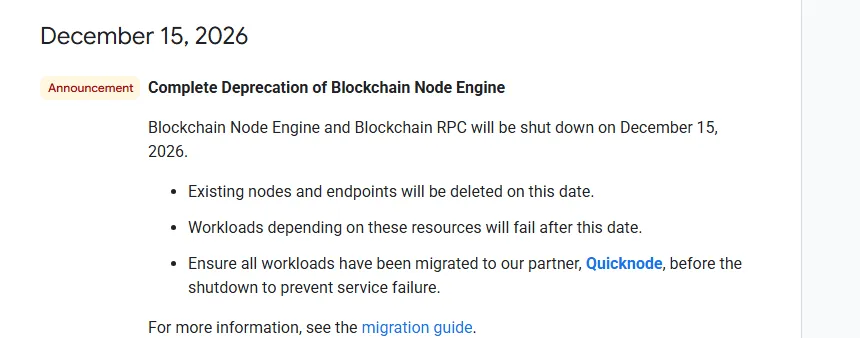 Google Cloud release note dated December 15, 2026 announcing the complete deprecation of Blockchain Node Engine